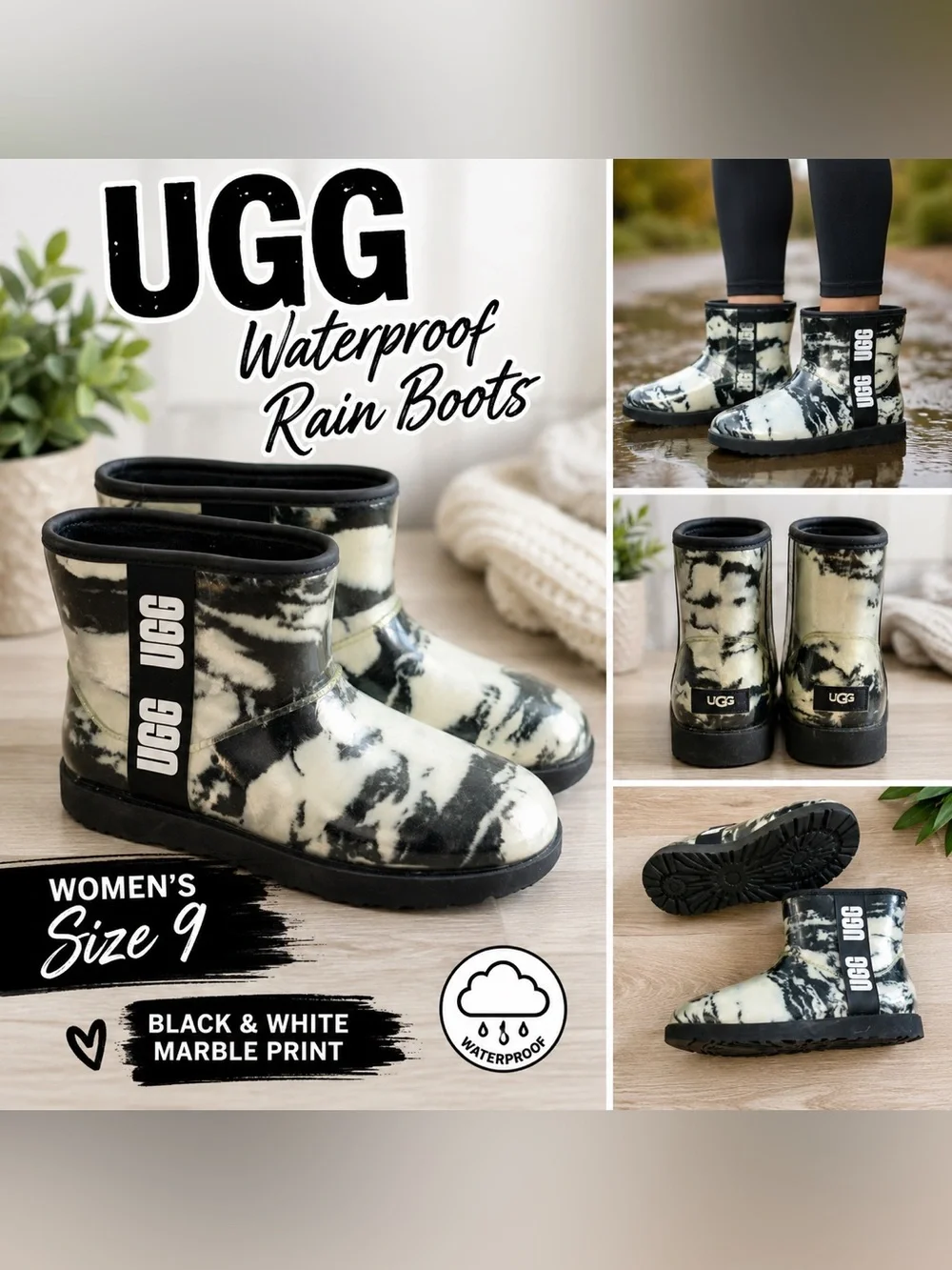 UGG Women’s Tie Dye Waterproof Rain Boots Black White Size 9